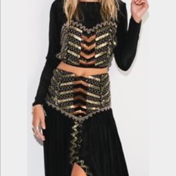 Holiday Embellished Set, beading/sparkly, maxi skirt, long sleeves, crop top - Picture 1 of 4